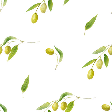 Watercolor hand painted garden plant seamless pattern with green olives and leaves on branches texture composition isolated on the white background for print design, wallpaper and textileの写真素材