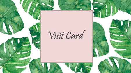Watercolor hand painted nature tropical frame composition with green palm leaves and pink border squared space for text isolated on the white background for visit card designの写真素材