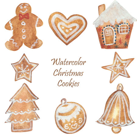 Watercolor hand painted winter holiday sweet food set with yellow ginger cookies: gingerbread man, house, star, heart, christmas tree, ball, bell forms collection isolated on the white backgroundの写真素材