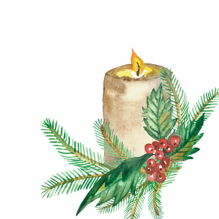 Watercolor hand painted nature winter holiday composition with beige fire candle, green fir branches and holly red berries and leaves bouquet on the white background for invite and greeting cardの写真素材