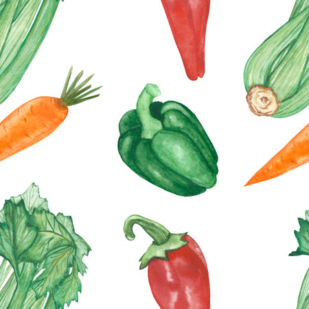 Watercolor hand painted nature healthy food seamless pattern with green celery, bell pepper, red chili pepper and orange carrot vegetables isolated on the white background for organic print designの写真素材