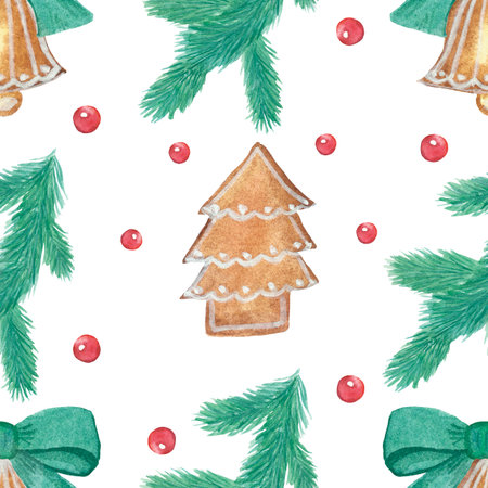 Watercolor hand painted nature winter holiday seamless pattern with green fir branches, red holly berries and christmas tree gingerbread cookies decoration isolated on the white backgroundの写真素材
