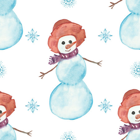 Watercolor hand painted winter holiday seamless pattern with snowman in a red hat and scarf with blue snowflakes isolated on the white background for new year, christmas print designの写真素材