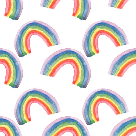 Watercolor hand painted nature colorful texture seamless pattern with red, orange, yellow, green, blue and purple color rainbow isolated on the white background for print designの写真素材