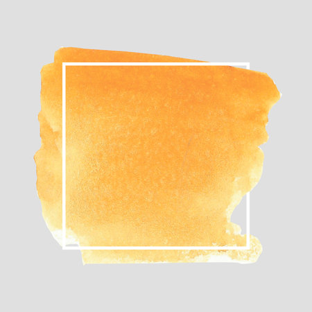 Watercolor hand painted graphic frame with yellow orange gradient brush stroke and white border squared line composition on the gray background , greeting card designの写真素材