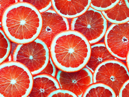 Fresh fruit oranges cut into slices lie on the table