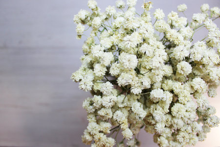 Colorful dried flowers in a gold vase on a white wooden table. vintage style dry flowers. dried flowers are a decoration of the living room. Blurred image of white flower grass background. Stylish modern arrangement of dried flowers in a creamy pink vase. Copy space. Romantic flowers. Place for text and design. Card. Flat lay, top view. Bokeh colorful, blurred, selective focus. Art Deco / Boho. High quality photoの写真素材