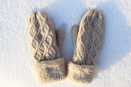 mittens lie on the snow. mitten lying on the snow in winter. Holiday Decorations Christmas and New...