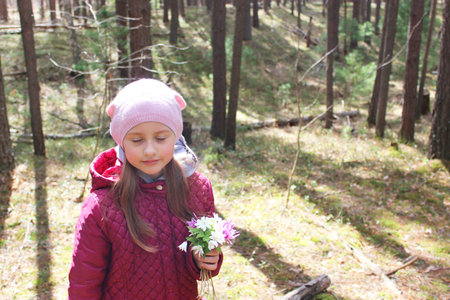 Little girl collects flowers in a meadow in the forest. Girl in pink. A dark forest and the first...