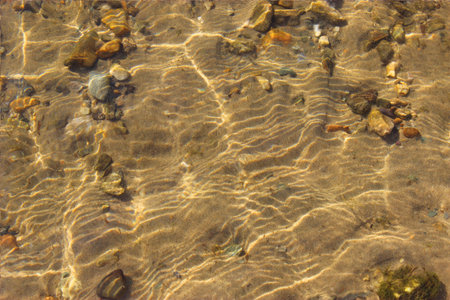 Close-up and top view of shiny transparent yellow sand on the beach with clear water. clear sea, the...