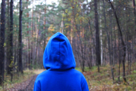 A girl walks alone while walking through the forest on an autumn day. Loneliness and melancholy. A young girl in a blue sweater with a hood walks along a path among the trees in the forest with her back to the camera.の写真素材