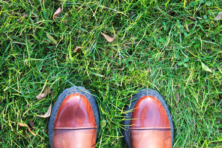 Female or male legs in shoes close-up and standing on the grass, top view. green lush grass around. brown leather boots with patent toe and black soles. there is space for textの写真素材