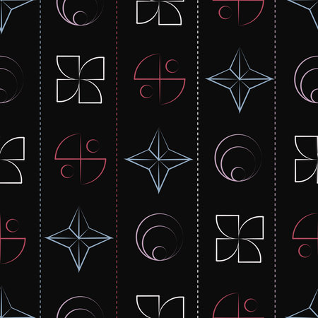 Seamless geometric pattern of colored linear shapes and dotted vertical multi-colored lines on a dark backgroundの写真素材