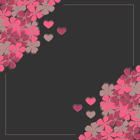 Greeting card with frame, red and pink flowers and hearts on a black backgroundの写真素材