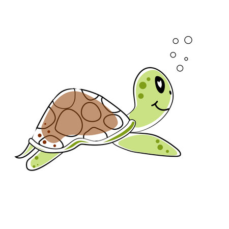 Green sea turtle with brown shell, air bubbles and seaweedのイラスト素材