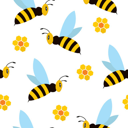 Seamless pattern with bees and yellow honeycomb flowers on a white backgroundのイラスト素材