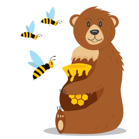 Brown smiling bear sits and holds a jug of honey in its paws, while bees fly around. Isolated on a white backgroundのイラスト素材