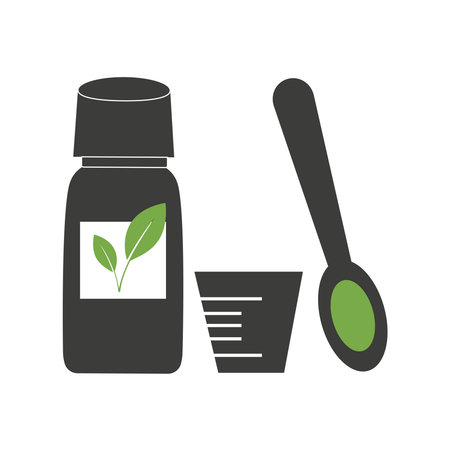 Vegetable cough syrup. A bottle of medicine, a measuring spoon and a cup. Black silhouette isolated on white background. Vector illustrationのイラスト素材
