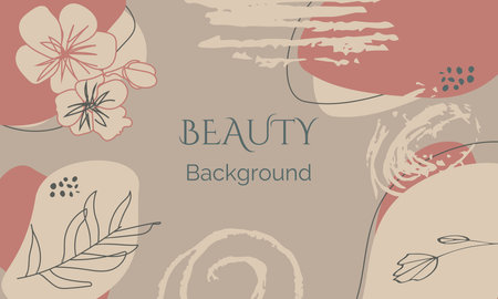 Abstract image with pink and black leaves, branches and flower on a beige background. Fashion beauty designのイラスト素材