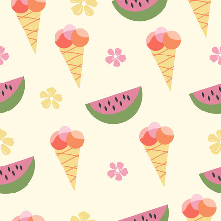 Summer pattern with watermelon, ice-cream, flower. Colorful designのイラスト素材