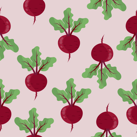 Red beet root with green leaves seamless patternのイラスト素材