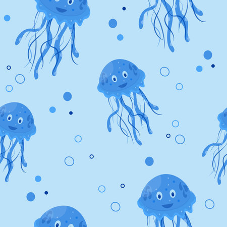 Seamless pattern with cute smiling jellyfish and bubbles on blue background. Cartoon character