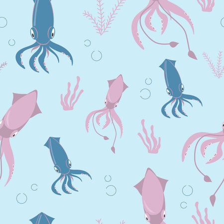 Seamless pattern with pink and blue squid, bubbles and seaweed, cartoon vector illustrationのイラスト素材