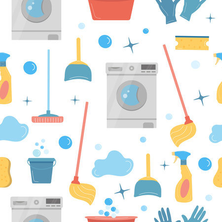 House cleaning supplies seamless pattern on white background, cartoon printのイラスト素材