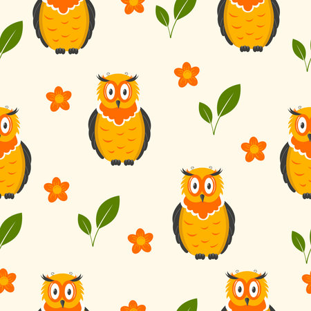 Cute owl with leaves and spring flowers. Summer seamless pattern, cartoon vector illustrationのイラスト素材