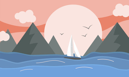 Sailboat on the sea, landscape with sunset and mountain. Vector illustrationのイラスト素材
