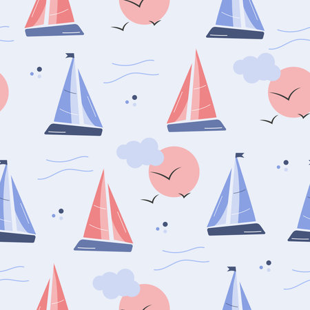 Sailboat, sun and seagull seamless pattern on blue backgroundのイラスト素材