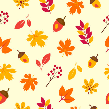 Seamless pattern with fall autumn leaves maple, acorn and berriesのイラスト素材