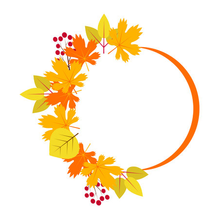 Circle frame with autumn leaves, branch, oak and berries. Isolated on white background. Space for textのイラスト素材