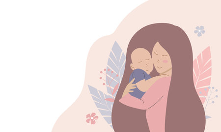 A young happy woman holds a baby in her arms. Mother day concept with plants and flowersのイラスト素材
