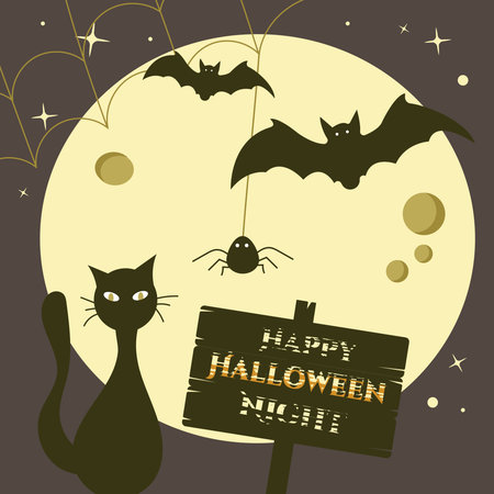 Happy Halloween night banner with moon, bats, web and magic black cat on dark background. Vector illustrationのイラスト素材