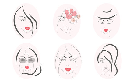A set of beautiful young woman with long hair and red lips, flowers, hat and glasses. outline sketch vector illustration. Isolated on whiteのイラスト素材