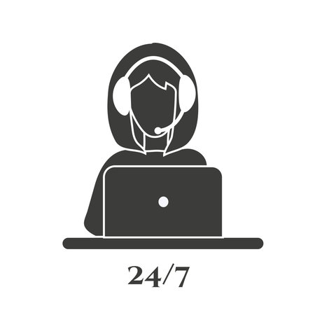 A girl silhouette in headphones at laptop, customer operator icon. Vector illustration