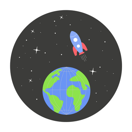 The rocket flies over the earth into space. Round icon isolated on white background. Vector...