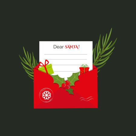 Christmas concept of a letter to Santa. Red postal envelope, fir branch and gifts on dark background. Flat vector illustrationのイラスト素材