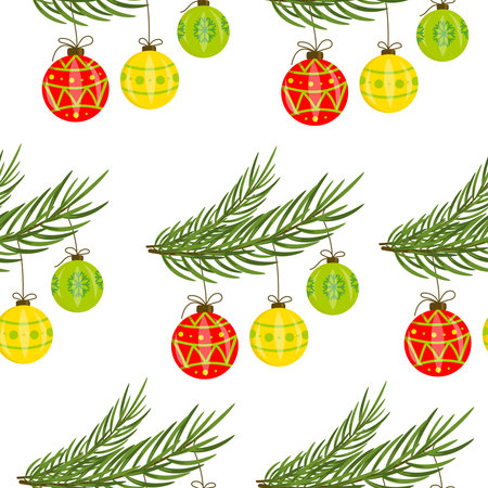 Seamless pattern with multicoloured Christmas tree toys balls on fir branch, New Year ornament on white background. Vector illustrationのイラスト素材