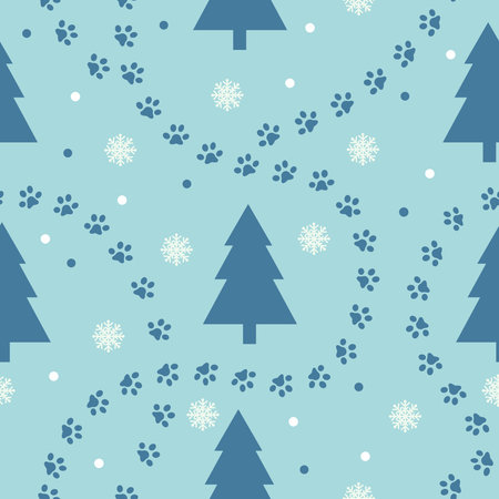 Winter forest seamless pattern with paws, spruce, snowflakes. Season landscape flat vector...