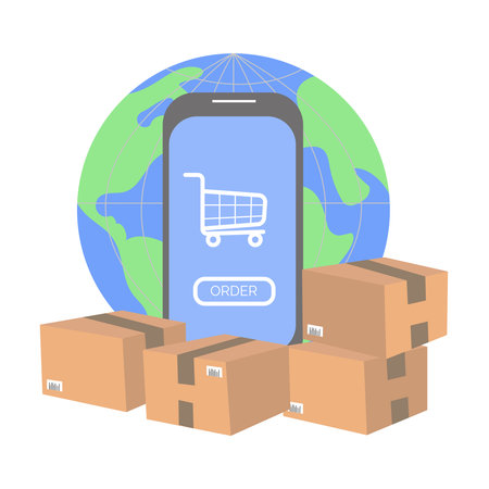The concept of online shopping, smartphone and parcels against the background of the globe. Worldwide delivery of online orders.のイラスト素材