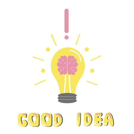 Bulb with brain, good idea creative concept with text, isolated on white background. Flat vector illustrationのイラスト素材