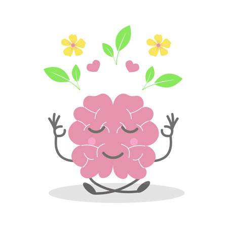 Cute human brain in yoga pose with leaves, heart and flowers, funny character. Mental health concept, flat vector illustrationのイラスト素材