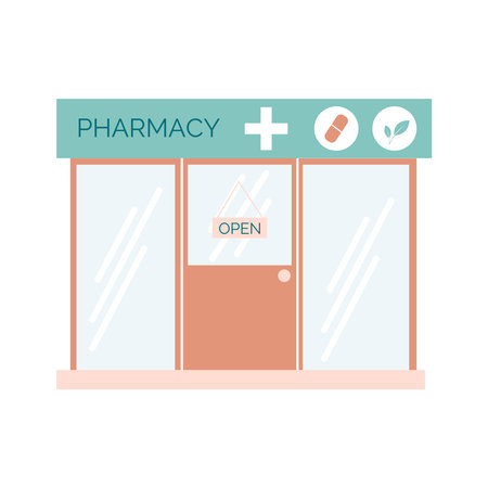 Pharmacy front flat vector illustration. Drugstore isolated on white background.のイラスト素材