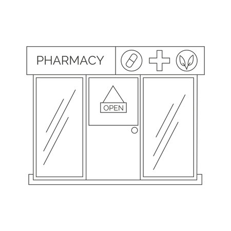Pharmacy front outline vector illustration. Drugstore isolated on white background.のイラスト素材