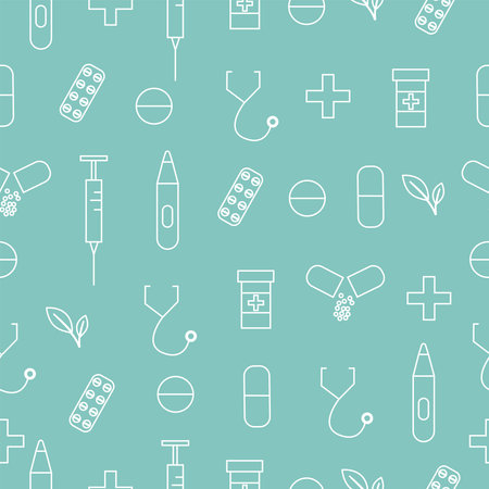 Medical outline seamless pattern with pill, syringe, thermometer and stethoscope. Vector illustration on green backgroundのイラスト素材