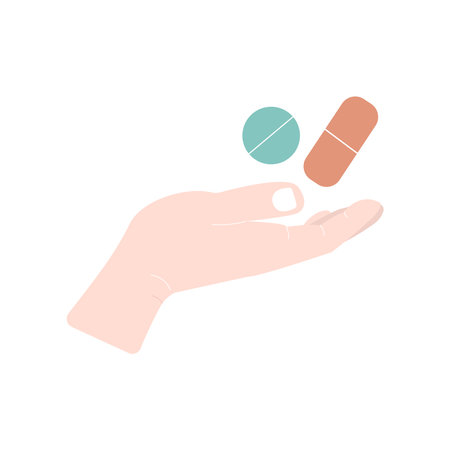 Pills in hand, healthcare icon isolated on white background. Flat vector illustrationのイラスト素材