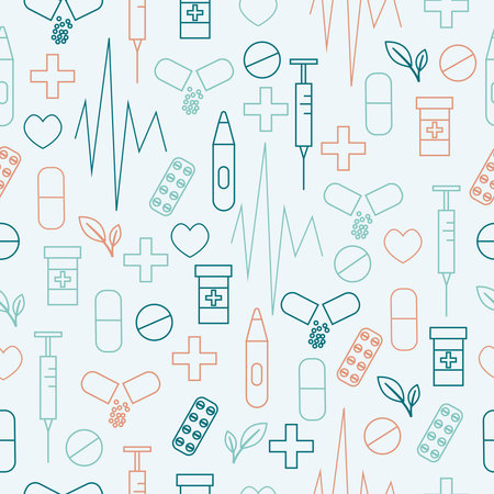 Medical outline seamless pattern with pill, syringe, heart. Vector illustration on green backgroundのイラスト素材