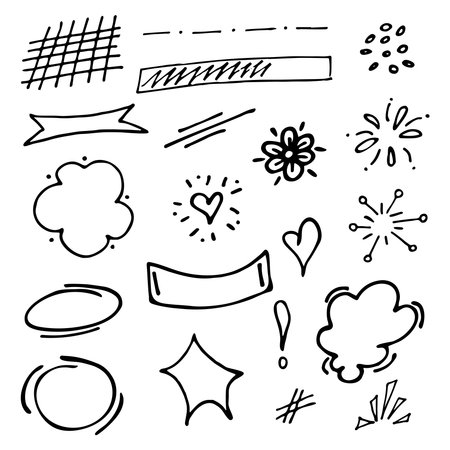 Underlines, curly lines and frame doodle set isolated on white background.のイラスト素材